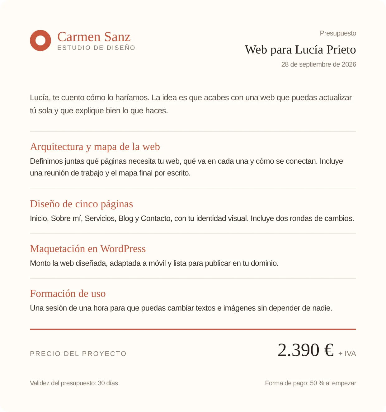 Un presupuesto de ejemplo, redactado, con la marca de una diseñadora y un único precio al final.