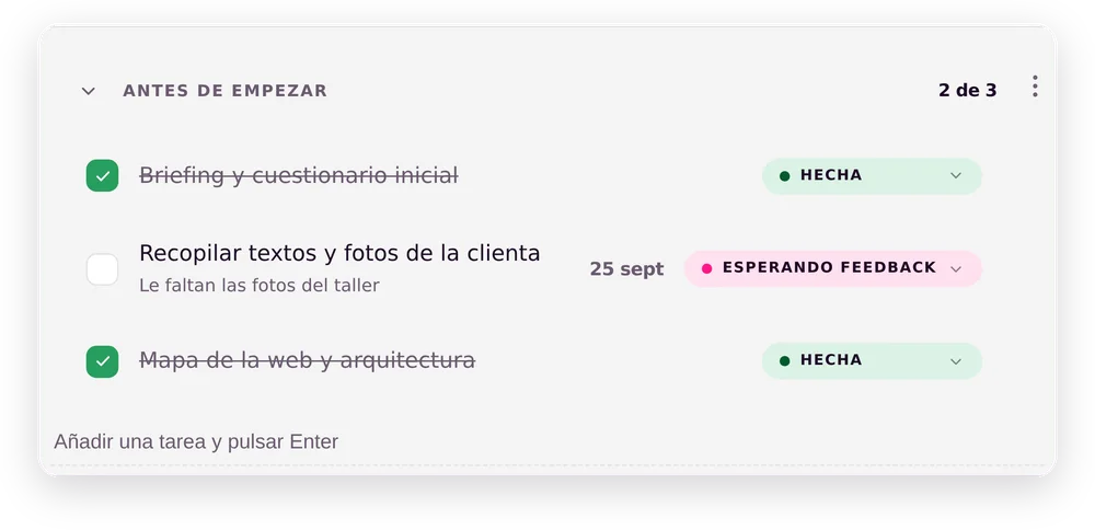 Un proyecto en el seguimiento, con sus fases y tareas, cada una con su estado.